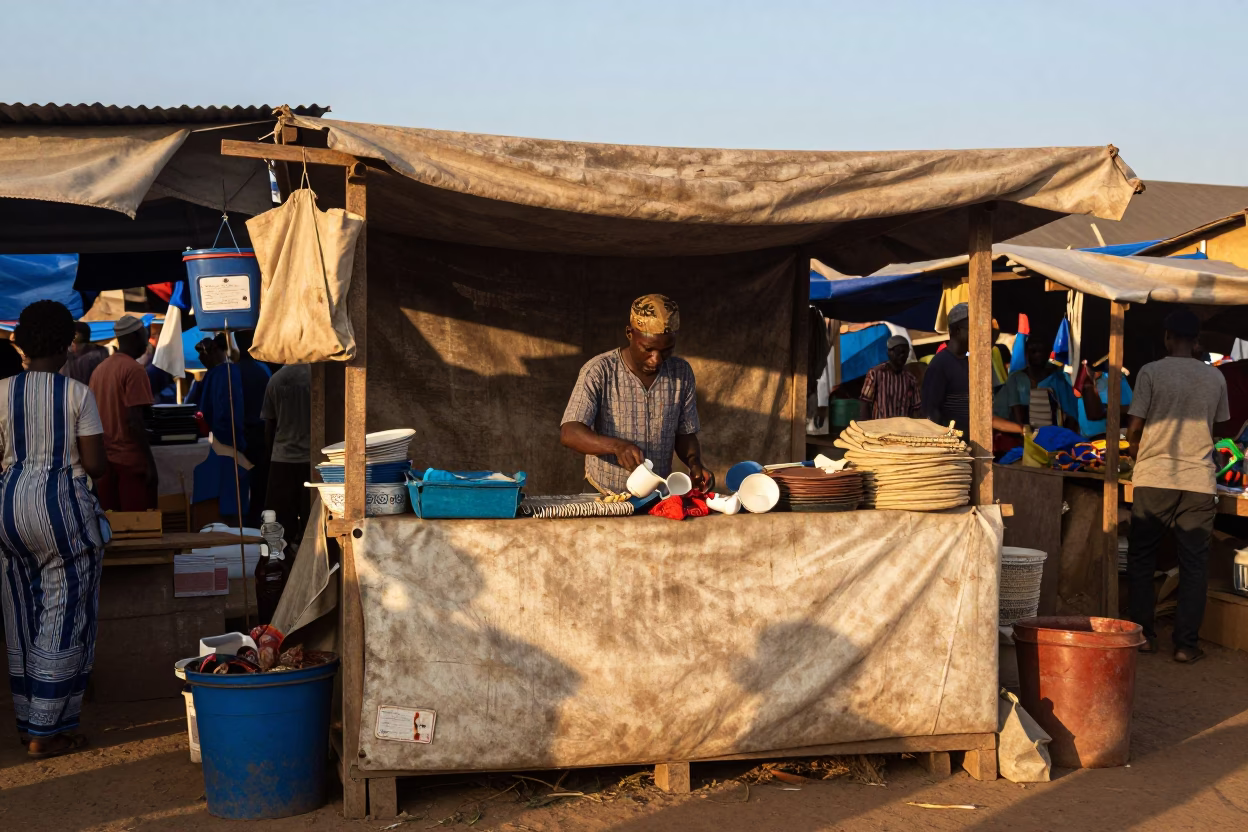 Nautical Dawn in Accra Ghana Market Stall with Canvas and Fabric in in Accra, Ghana