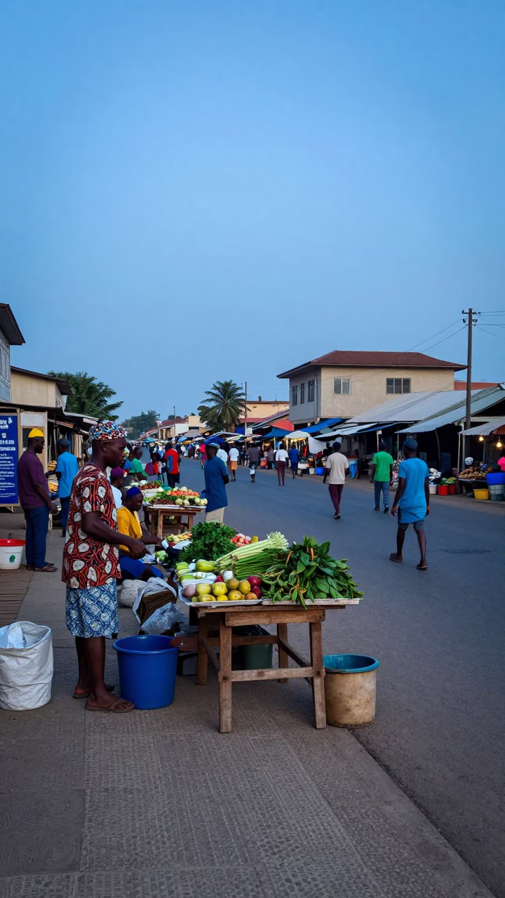 Nautical Dawn in Accra Ghana Street Scene with Local Market Activity in in Accra, Ghana