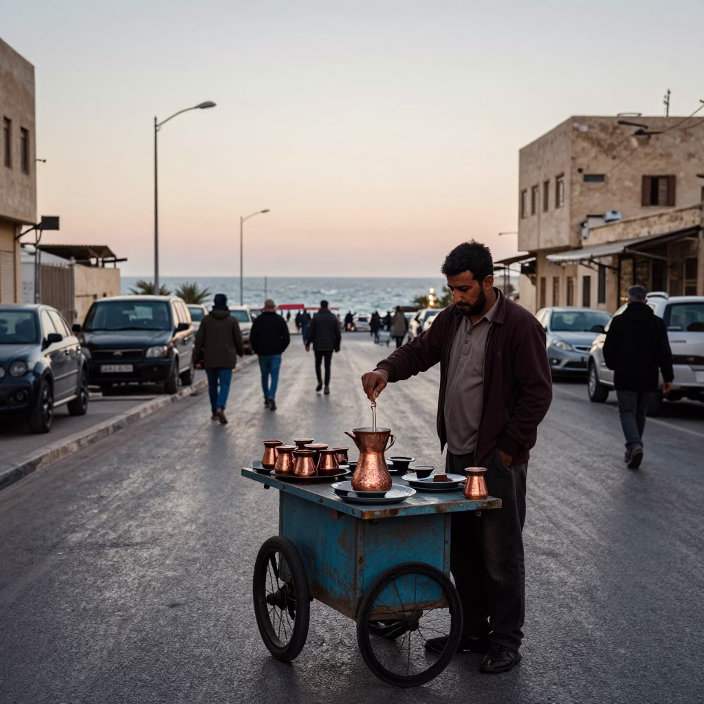 Nautical Dawn in Alexandria Egypt Street Scene with Coffee Pot in in Alexandria, Egypt