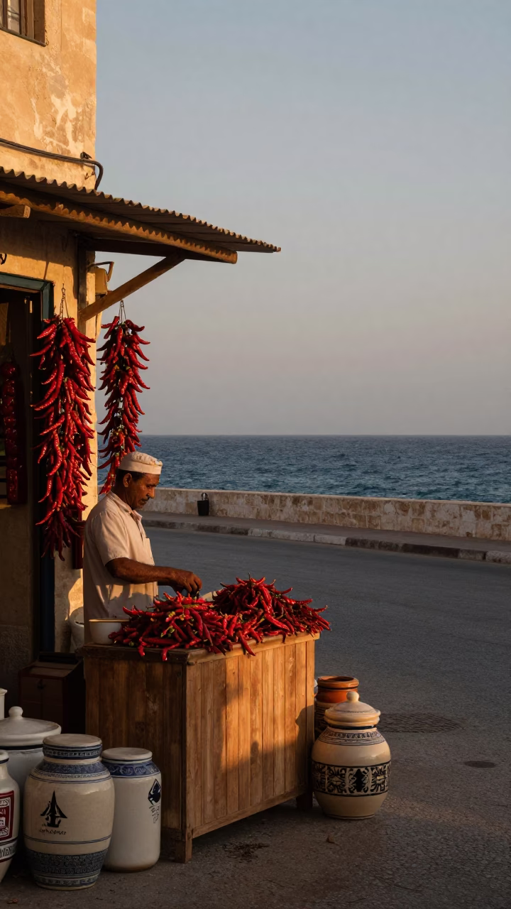 Nautical Dawn in Alexandria Egypt Street Scene with Local Shopkeeper and Vintage Details in in Alexandria, Egypt