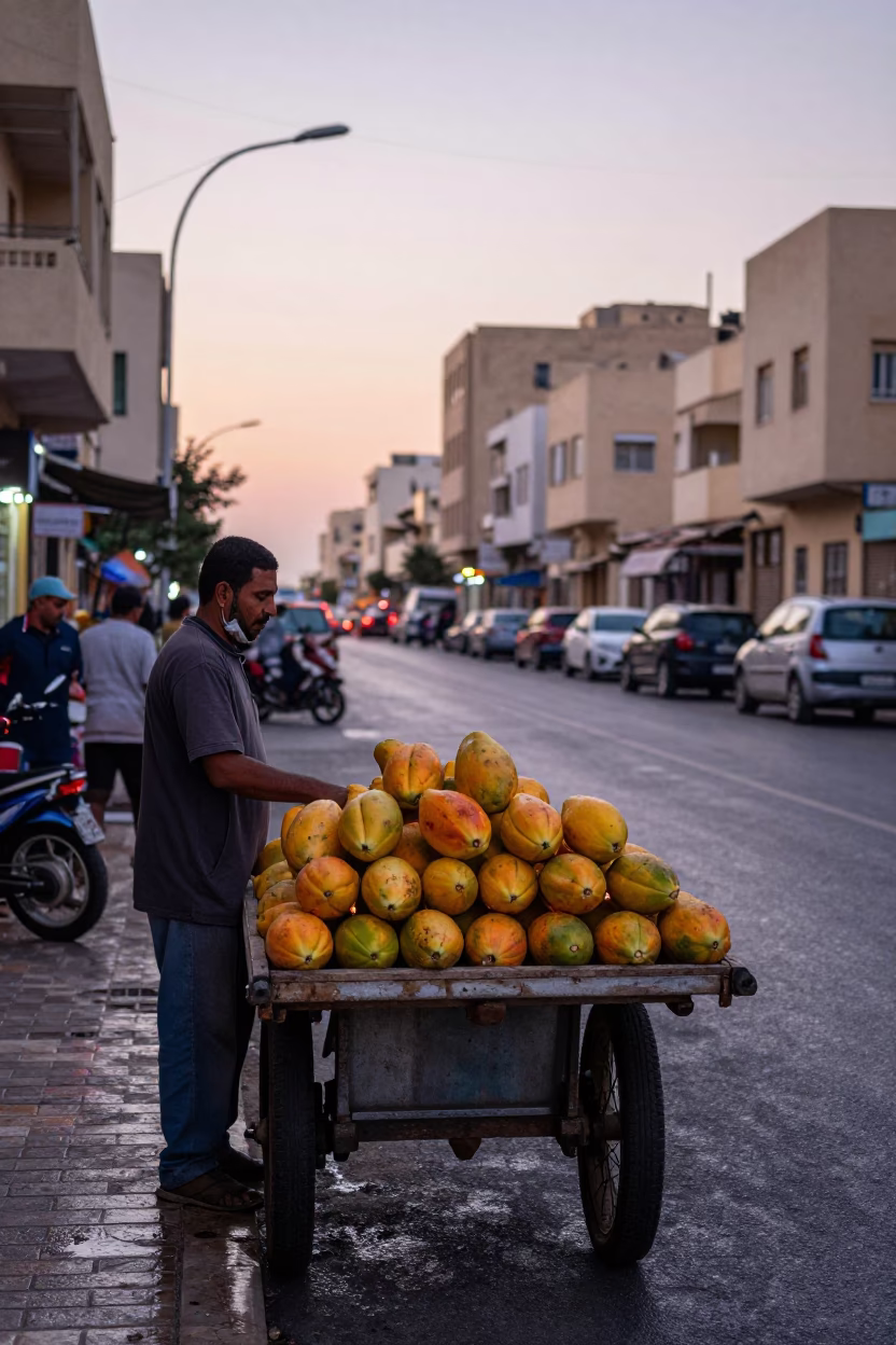 Nautical Dawn in Alexandria Egypt Street Scene with Papayas and Urban Life in in Alexandria, Egypt