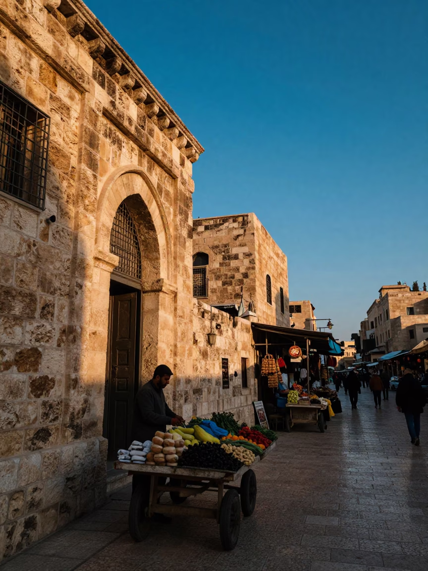 Nautical Dawn in Amman Jordan with Stone Architecture and Local Market Life in in Amman, Jordan