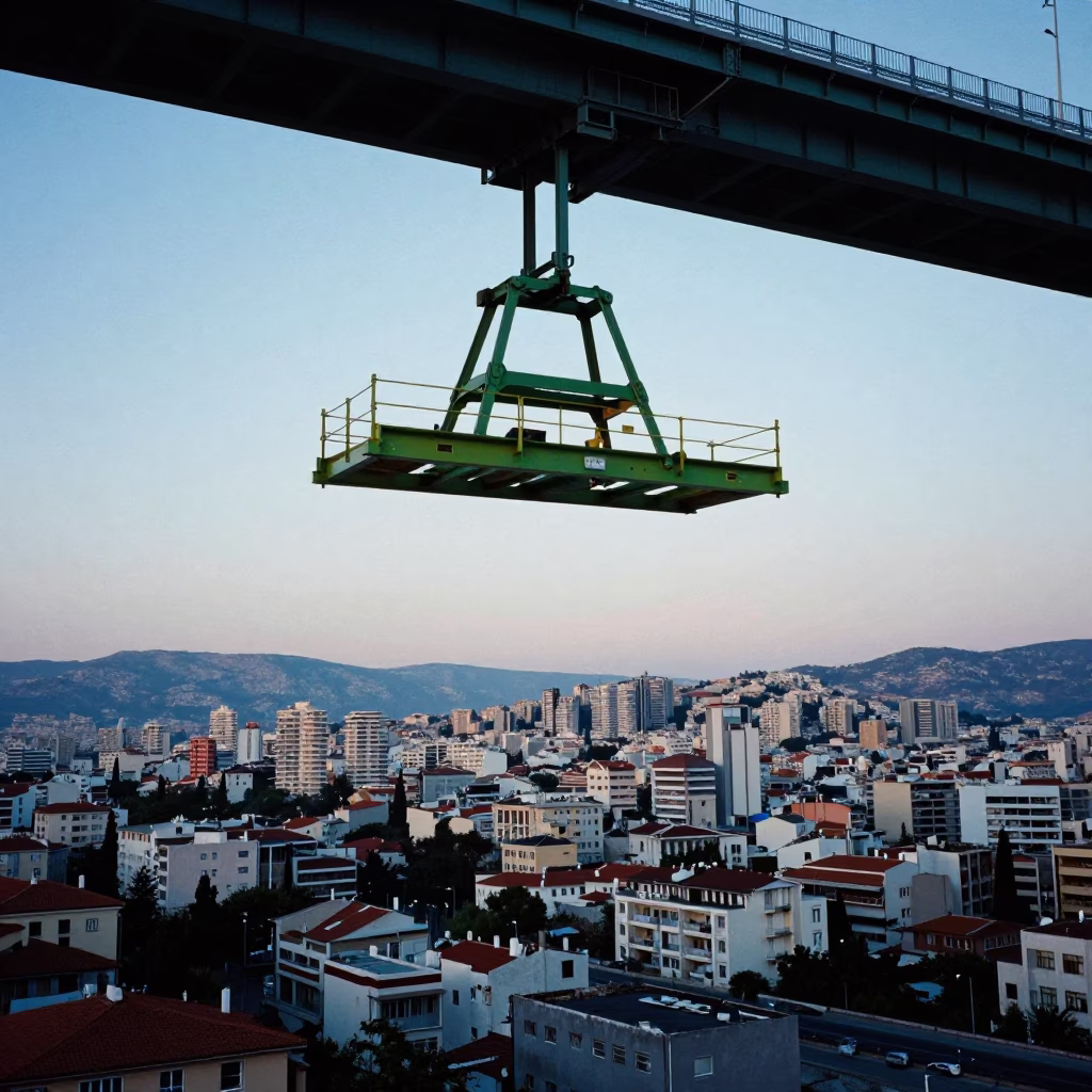 Nautical Dawn in Athens Greece with Bridge Maintenance Cradle Over Green River Water in in Athens, Greece