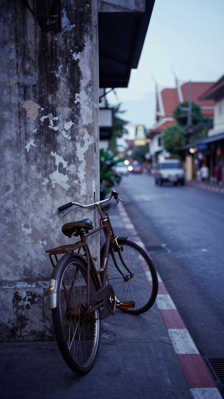 Nautical Dawn in Bangkok Thailand Street Scene with Vintage Bicycle and Frangipani Flowers in in Bangkok, Thailand