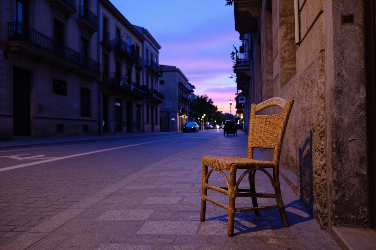 Nautical Dawn in Barcelona Spain Colorful Street Scene with Rattan Chair in in Barcelona, Spain