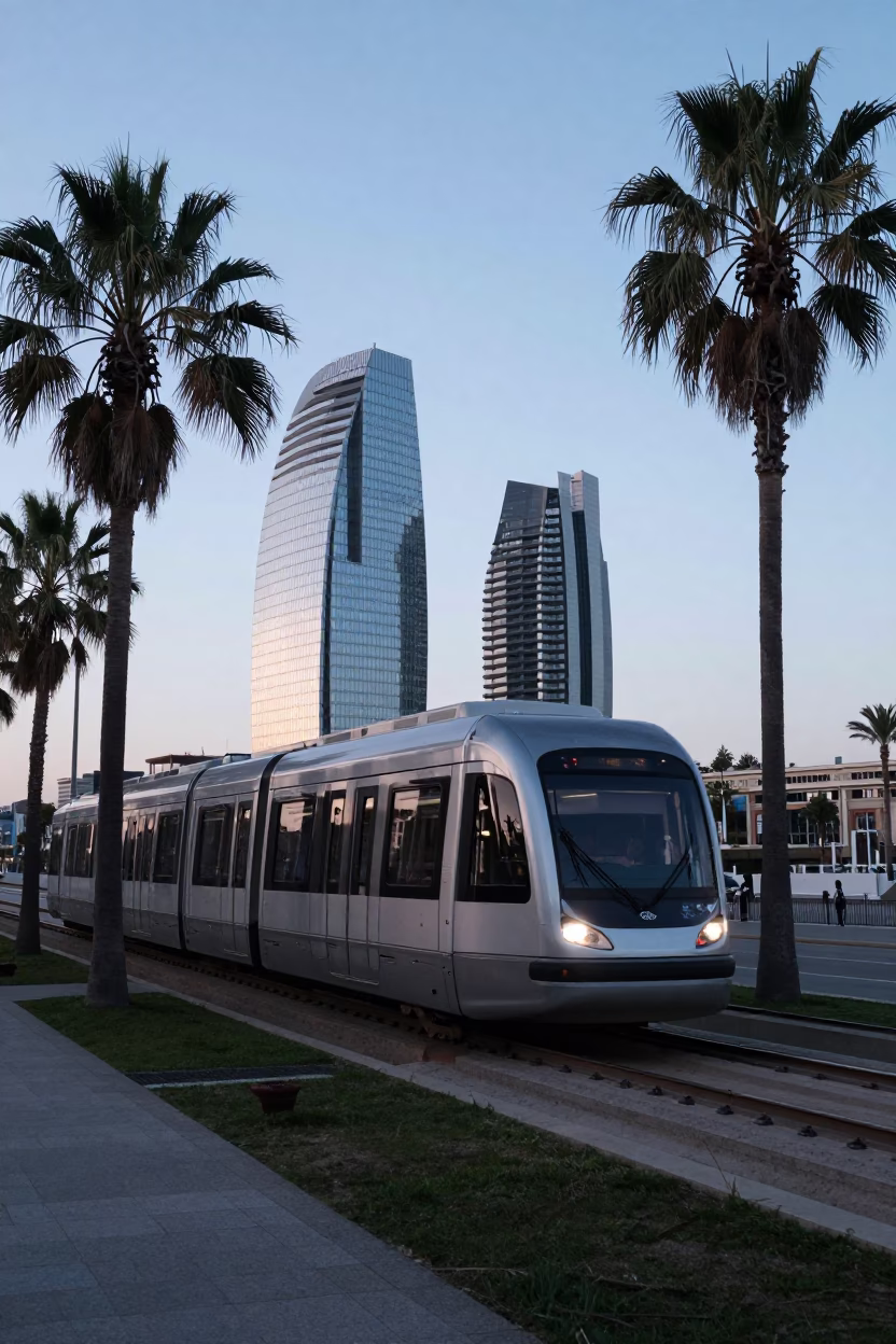 Nautical Dawn in Barcelona Spain Monorail Gliding Past Palm Trees and Glass Towers in in Barcelona, Spain