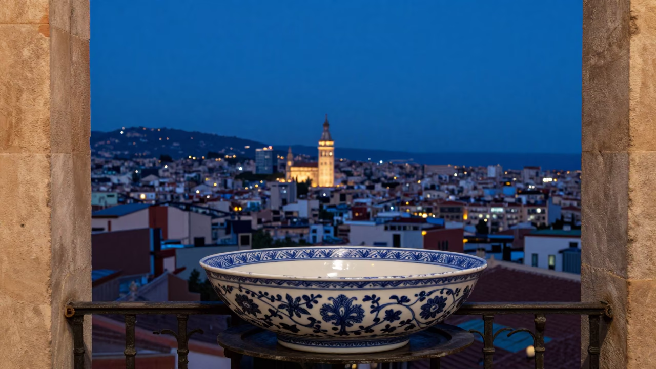 Nautical Dawn in Barcelona Spain with Blue and White Porcelain Bowl on Balcony in in Barcelona, Spain