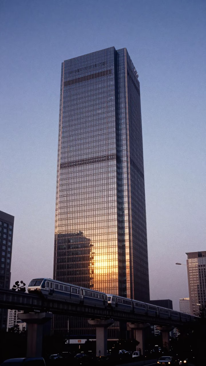 Nautical Dawn in Beijing China Monorail Reflection Glass Skyscraper Urban Landscape in in Beijing, China