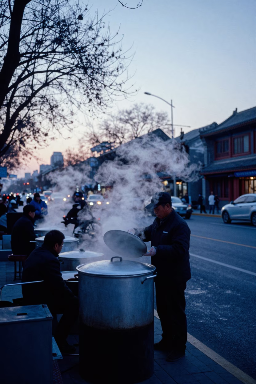 Nautical Dawn in Beijing China with Steam Haze and Urban Morning Life in in Beijing, China