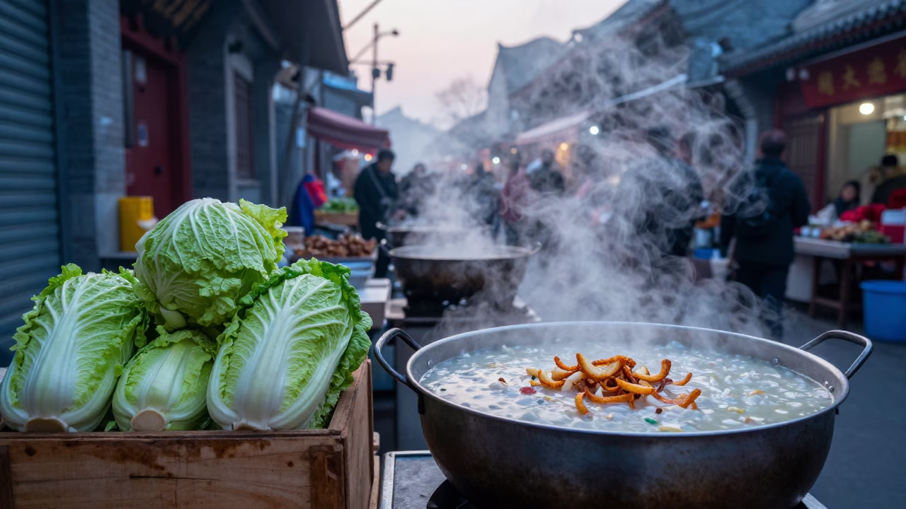 Nautical Dawn in Beijing Street Market with Steaming Congee and Cabbages in in Beijing, China