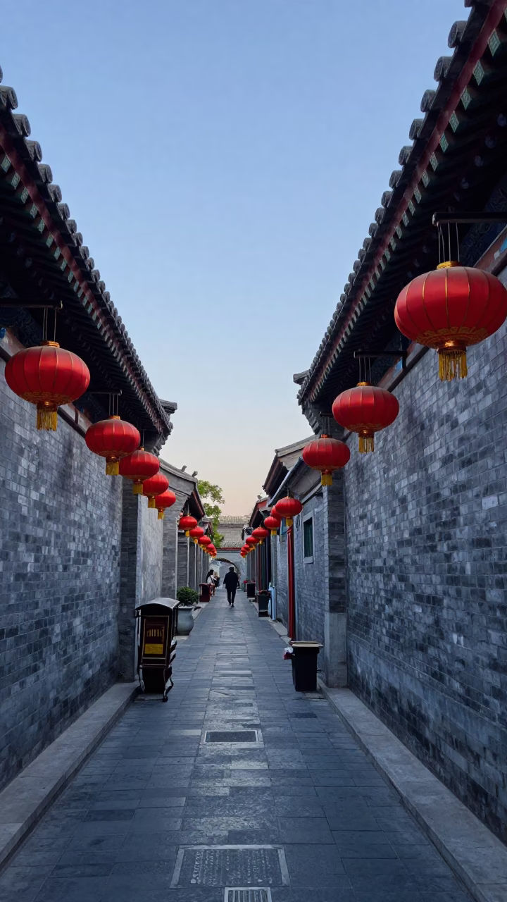 Nautical Dawn in Beijing Street Scene with Red Lanterns and Traditional Architecture in in Beijing, China