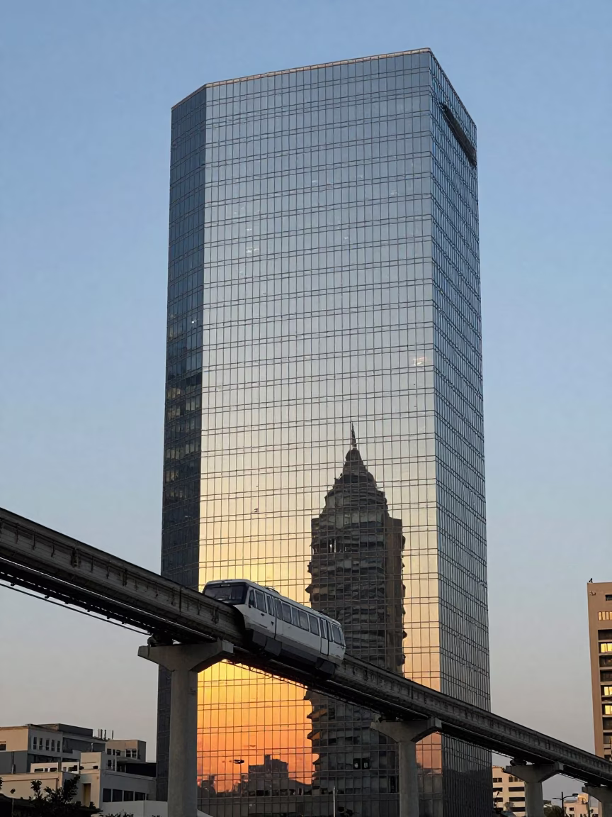 Nautical Dawn in Beirut Lebanon with Monorail Reflection in Glass Skyscraper in in Beirut, Lebanon