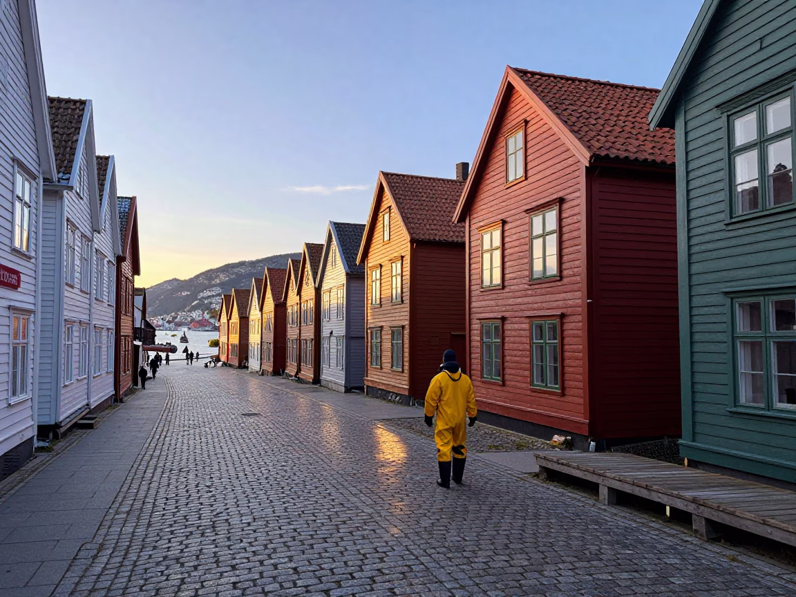 Nautical Dawn in Bergen Norway Colorful Fjord Street Scene with Traditional Architecture in in Bergen, Norway