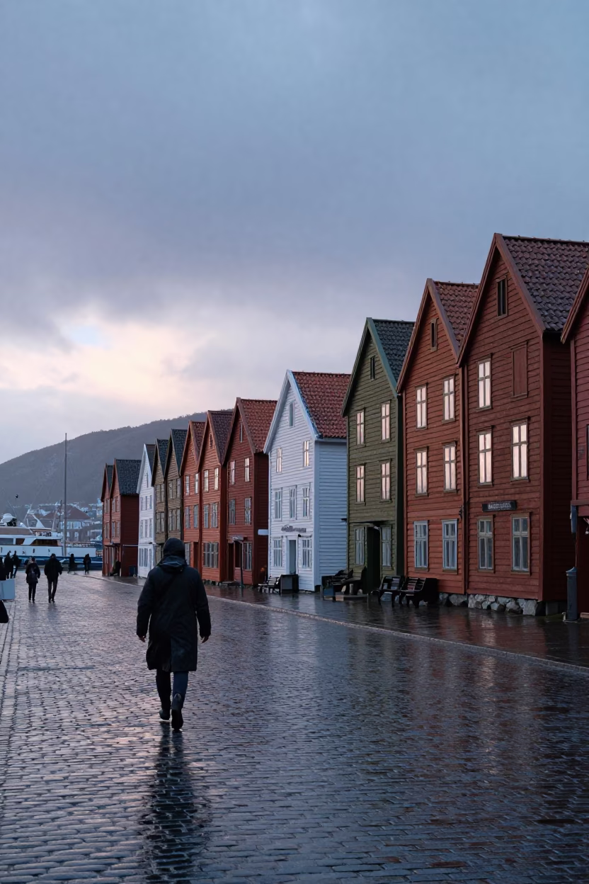 Nautical Dawn in Bergen Norway Street Scene with Rain and Cobblestones in in Bergen, Norway