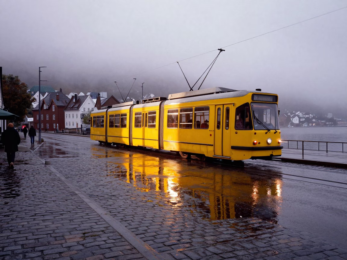 Nautical Dawn in Bergen Norway Tramcar Reflection on Cobblestones in in Bergen, Norway