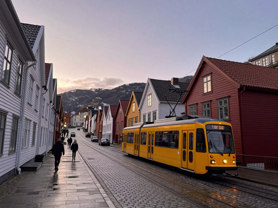 Nautical Dawn in Bergen Norway with Tram on Steep Hill and Sailboat in Harbor in in Bergen, Norway