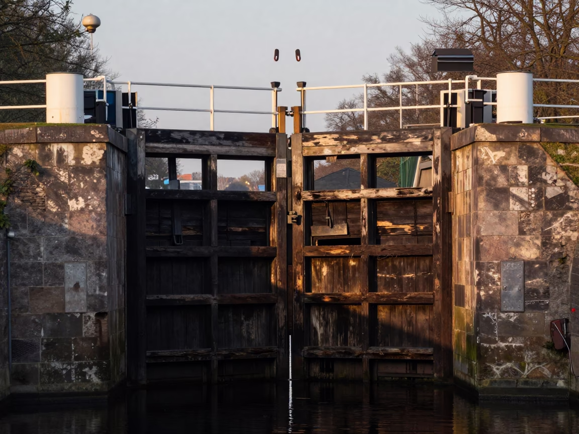 Nautical Dawn in Berlin Germany Historic Canal Lock with Timber Gates in in Berlin, Germany