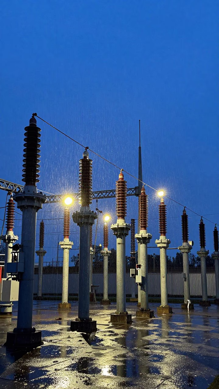 Nautical Dawn in Berlin Germany Substation Insulators Sparkling Under Floodlights in in Berlin, Germany