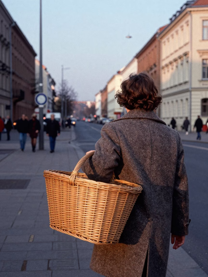 Nautical Dawn in Berlin Germany Vintage 1970s Street Scene with Wicker Hamper in in Berlin, Germany