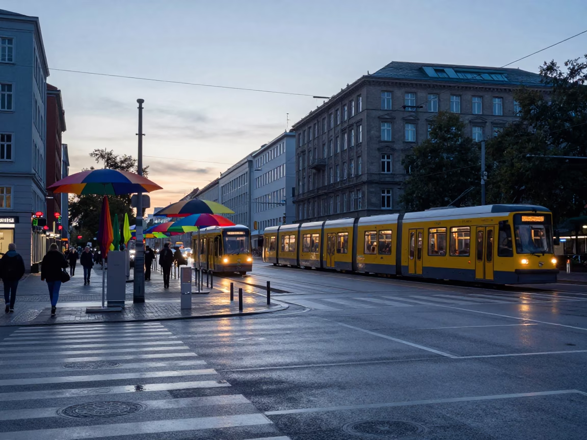 Nautical Dawn in Berlin Germany with Colorful Umbrellas and Urban Street Life in in Berlin, Germany