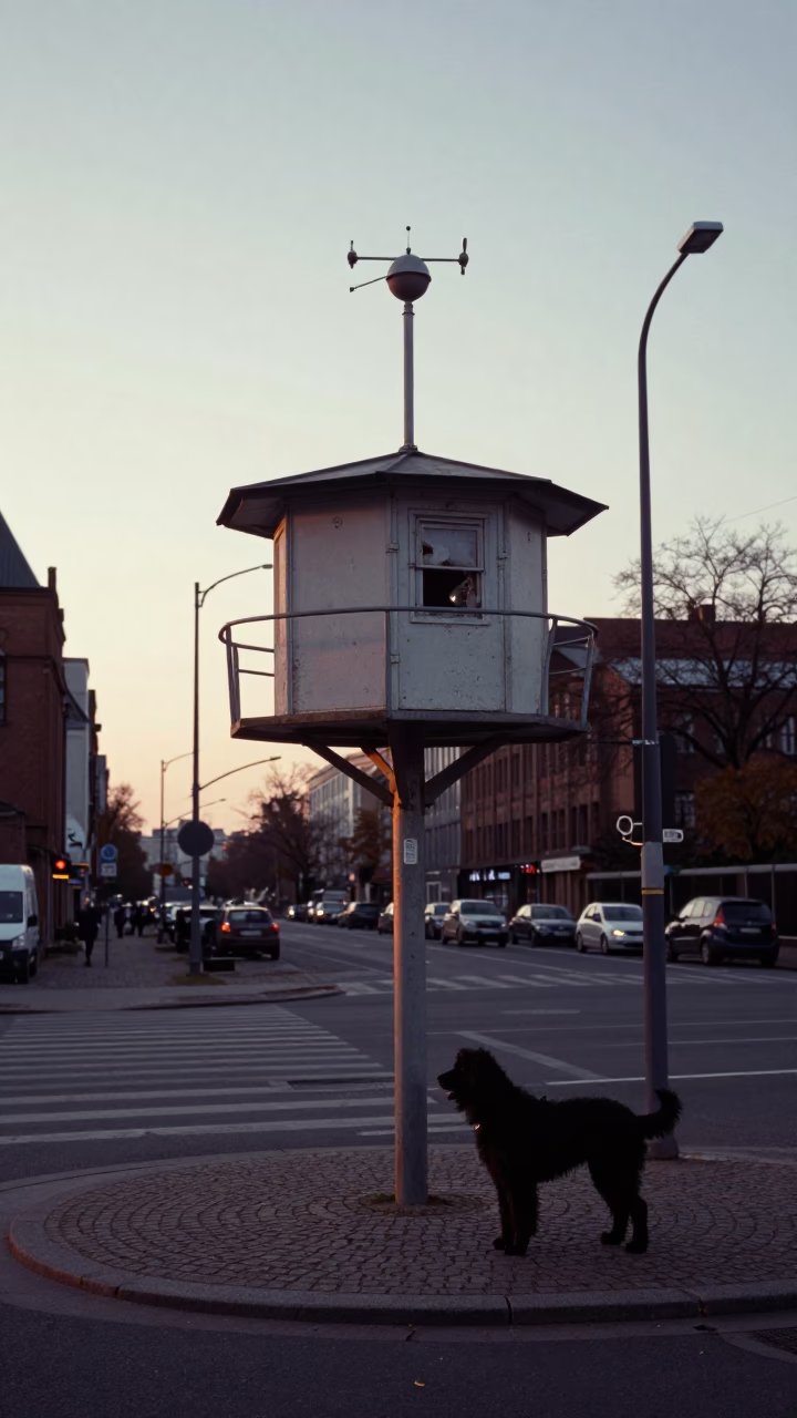 Nautical Dawn in Berlin Germany with Crumbling Weather Station and Local Life in in Berlin, Germany