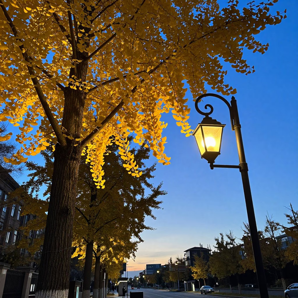 Nautical Dawn in Berlin Germany with Ginkgo Tree Autumn Foliage and Lantern Light in in Berlin, Germany
