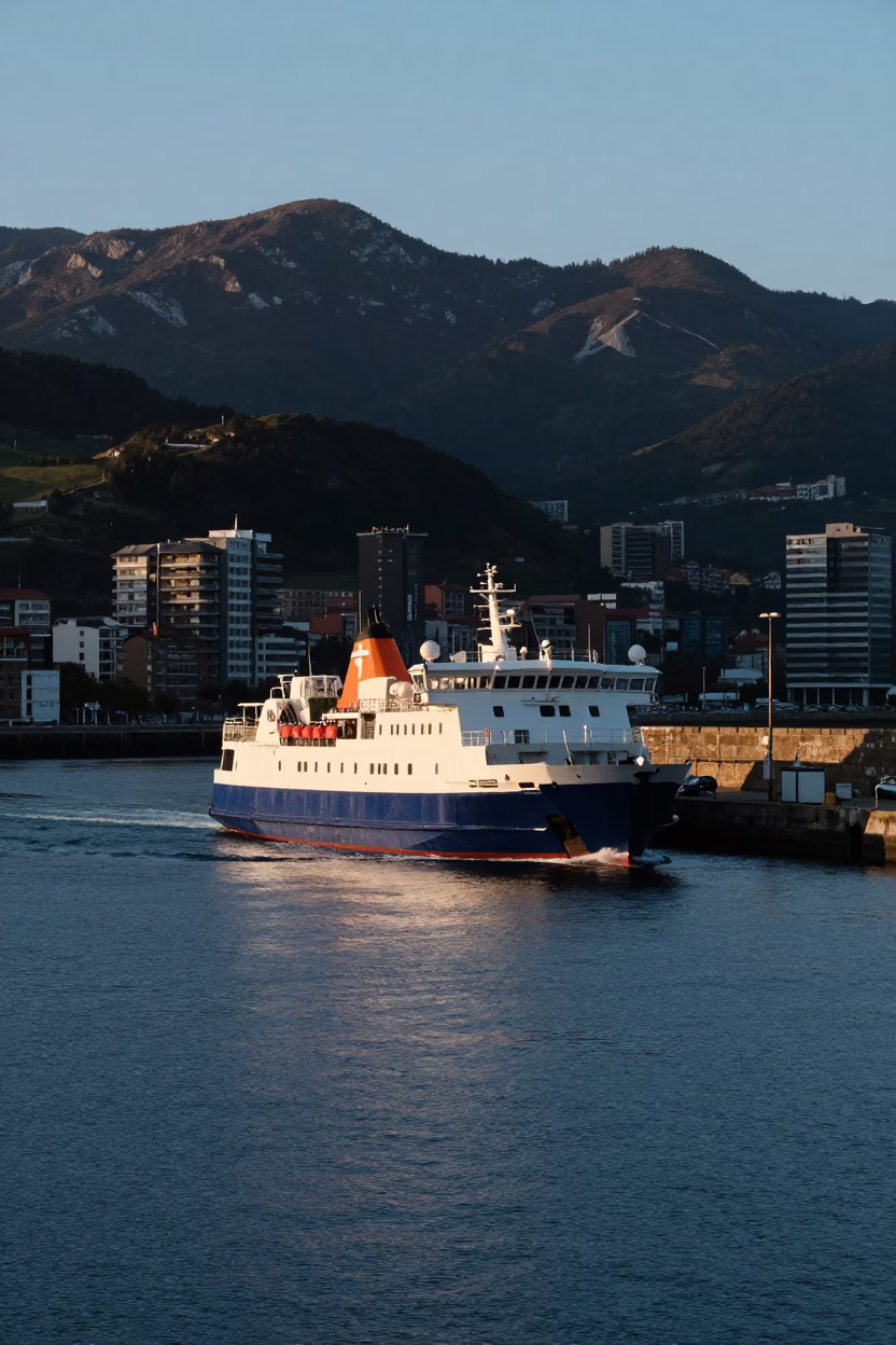 Nautical Dawn in Bilbao Spain Ferry Departure with Mountains and Breakwater Tetrapods in in Bilbao, Spain