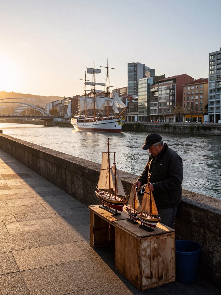 Nautical Dawn in Bilbao Spain Street Scene with Model Ship and Muffin Tins in in Bilbao, Spain