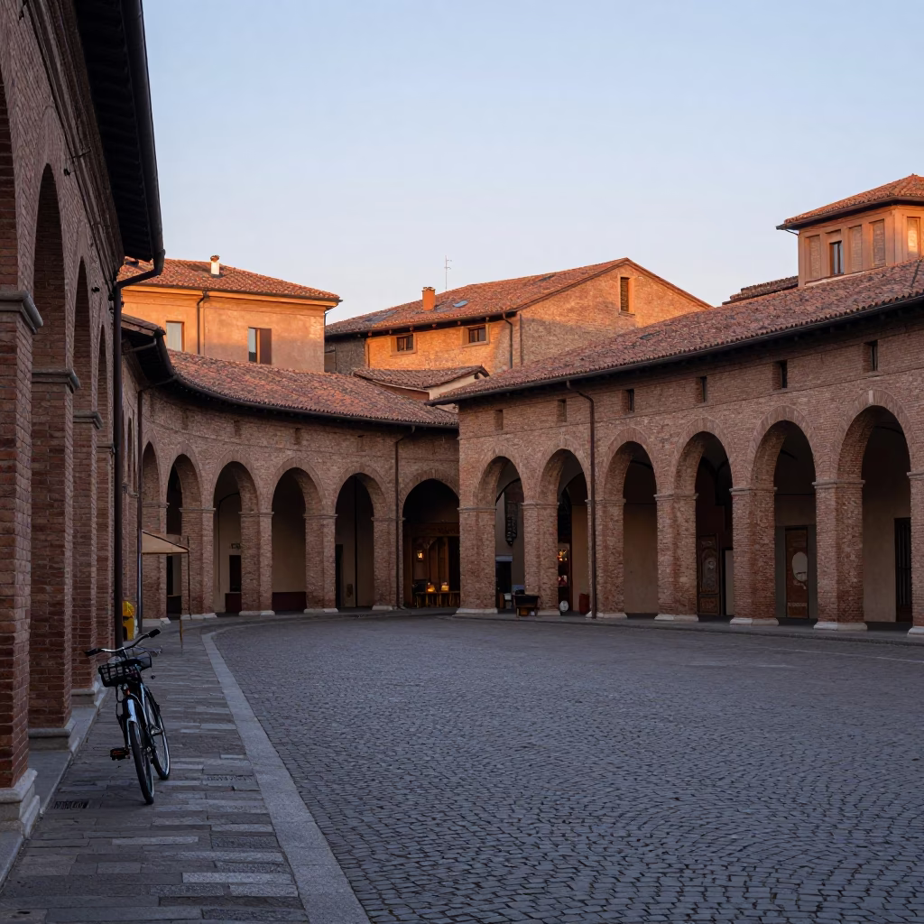 Nautical Dawn in Bologna Italy Cobblestone Piazza with Vintage Bicycle and Morning Light in in Bologna, Italy