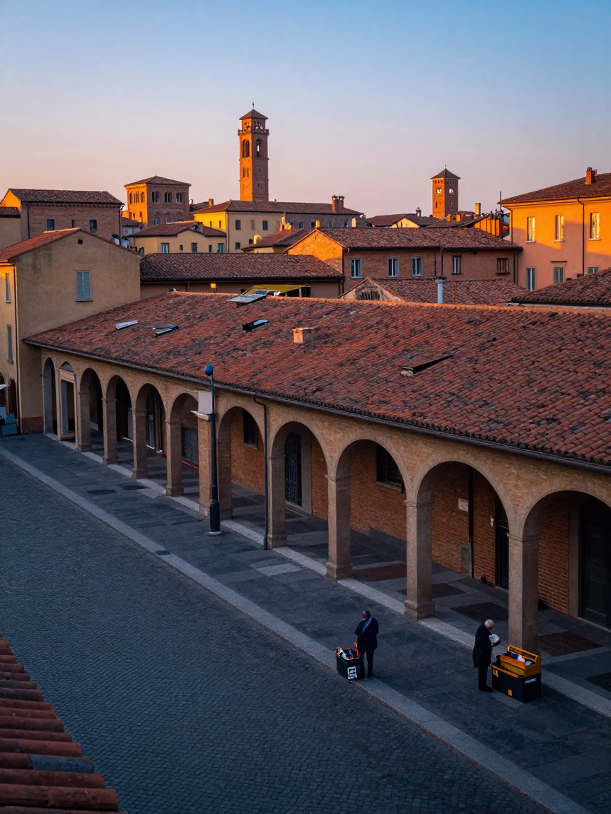 Nautical Dawn in Bologna Italy Street Scene with Toolbox and Urban Life in in Bologna, Italy