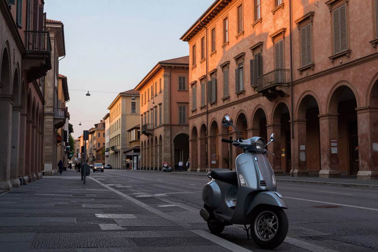 Nautical Dawn in Bologna Italy Street Scene with Vintage Scooter and Grape Vendor in in Bologna, Italy