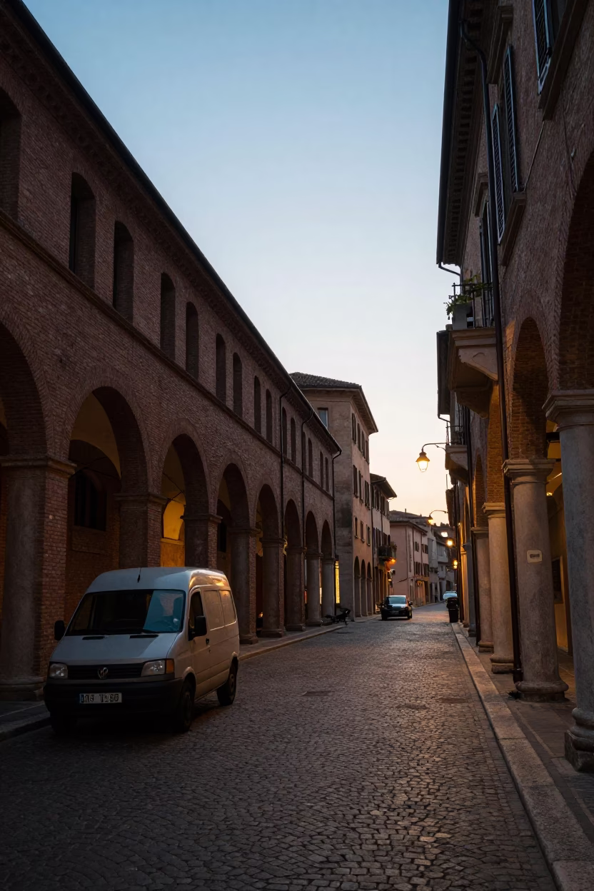 Nautical Dawn in Bologna Italy Street Scene with Vintage Van and Enamel Pitcher in in Bologna, Italy