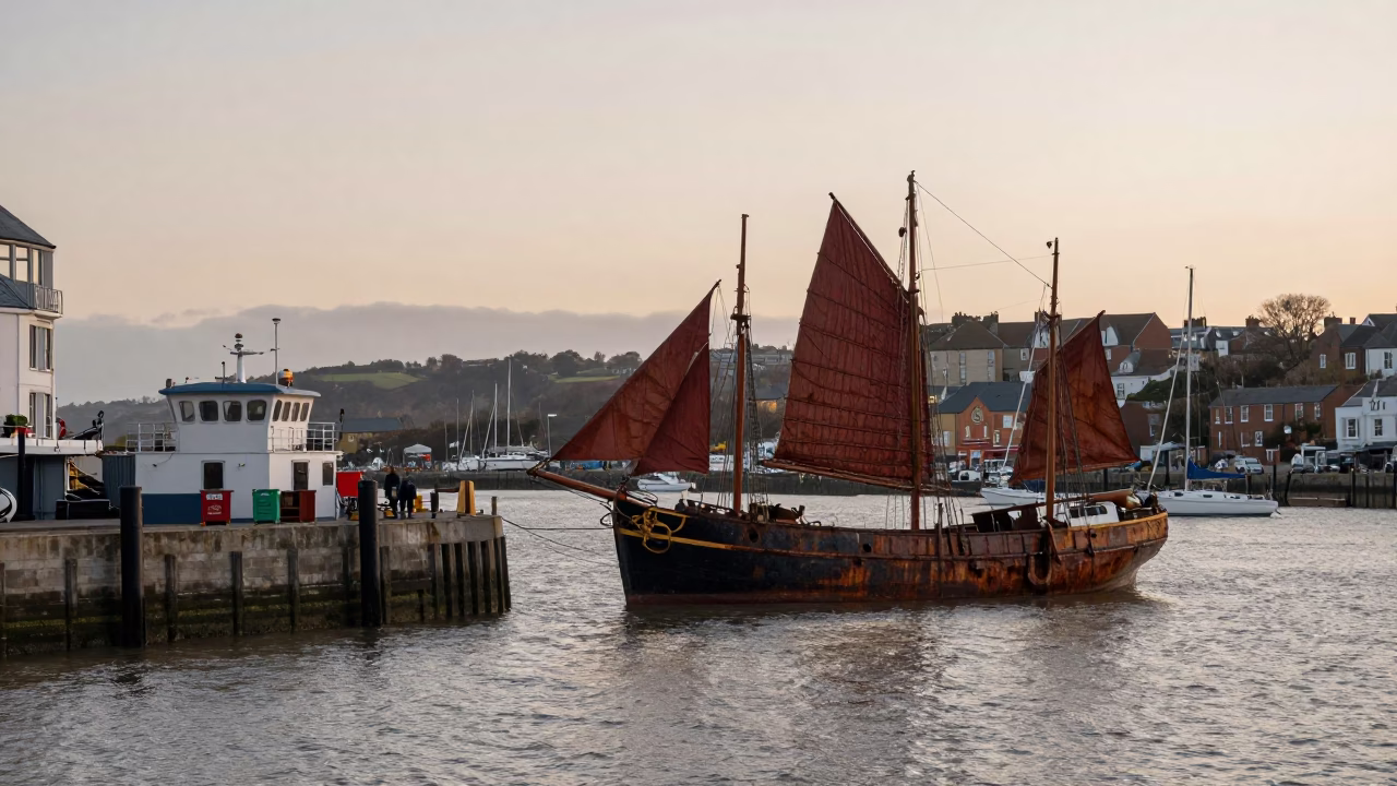 Nautical Dawn in Bristol Harbor with Rusty Junk Boat and Wet Cobblestones in in Bristol, United Kingdom