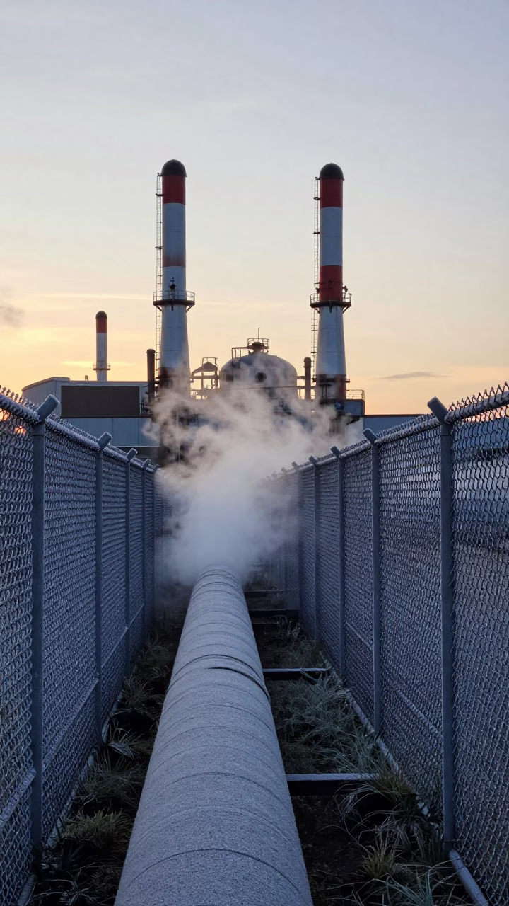 Nautical Dawn in Bristol UK Steaming District Heating Pipe Behind Frost Fencing in in Bristol, United Kingdom