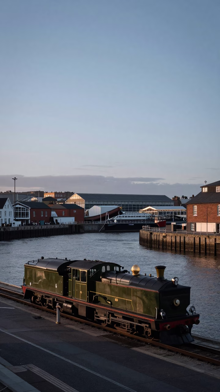Nautical Dawn in Bristol UK with Vintage Locomotive Crossing Harbour Bridge in in Bristol, United Kingdom