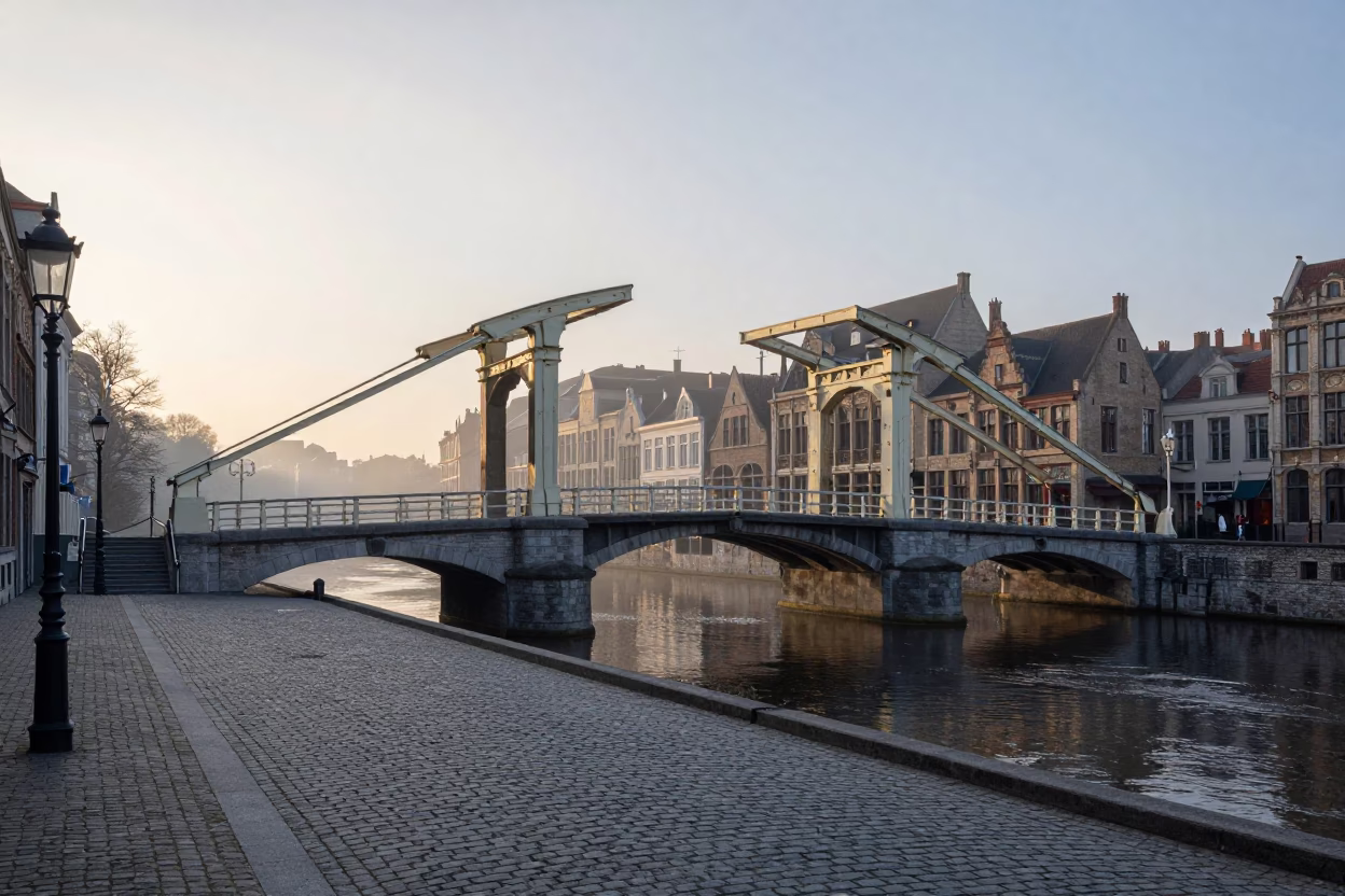 Nautical Dawn in Brussels Belgium Cobblestone Street with Drawbridge and Moat in in Brussels, Belgium