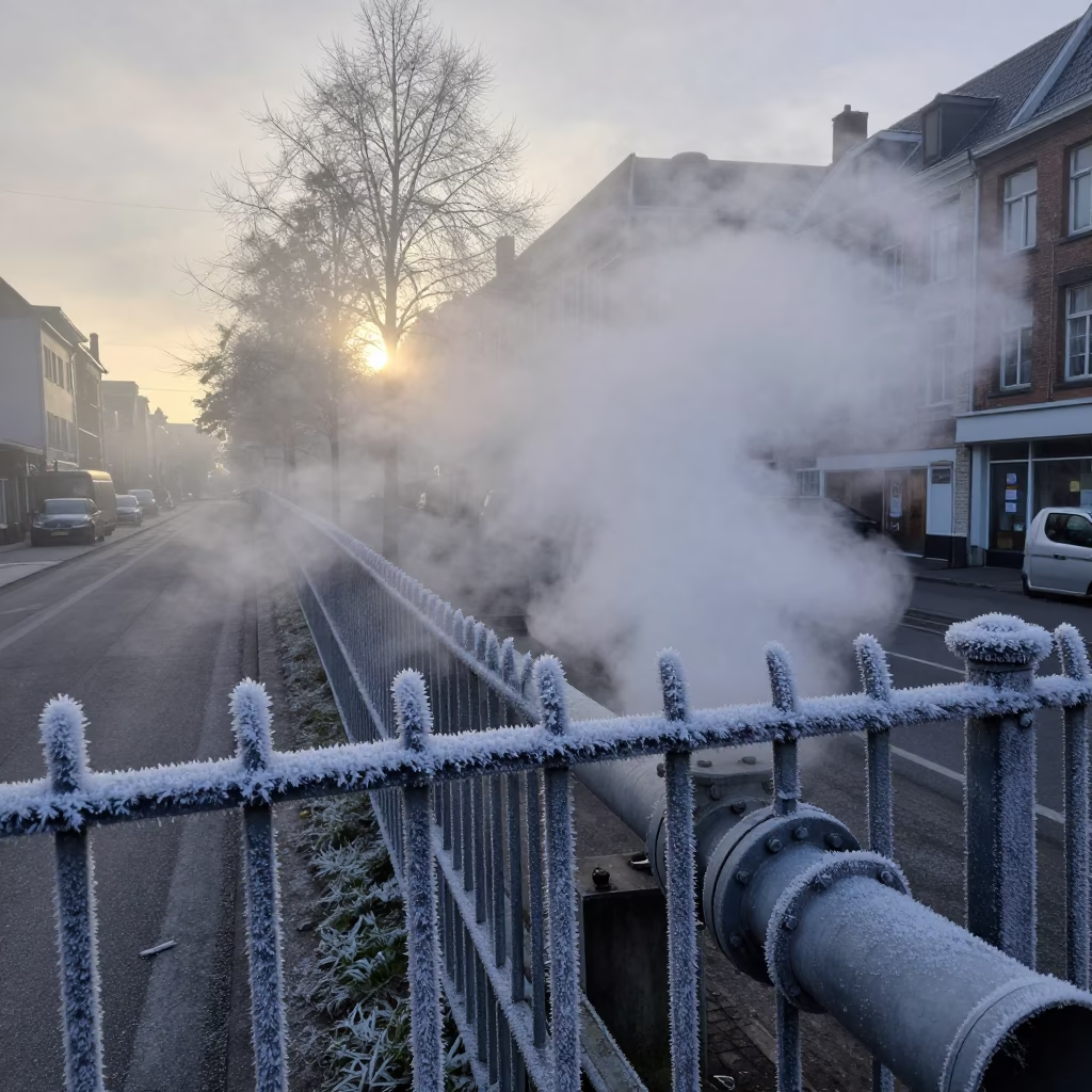 Nautical Dawn in Brussels Belgium District Heating Pipe Steam and Frost Coated Fencing in in Brussels, Belgium