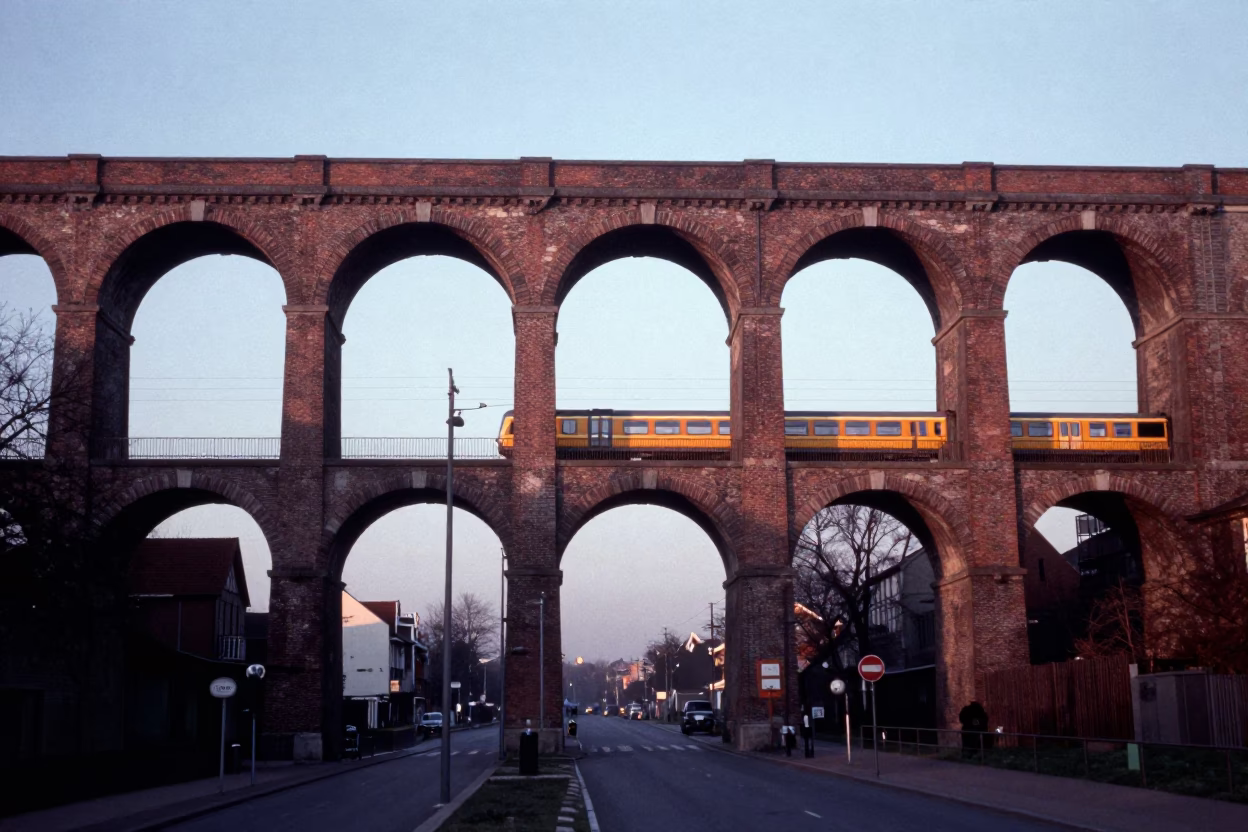 Nautical Dawn in Brussels Belgium Railway Viaduct Arches Passing Train in in Brussels, Belgium
