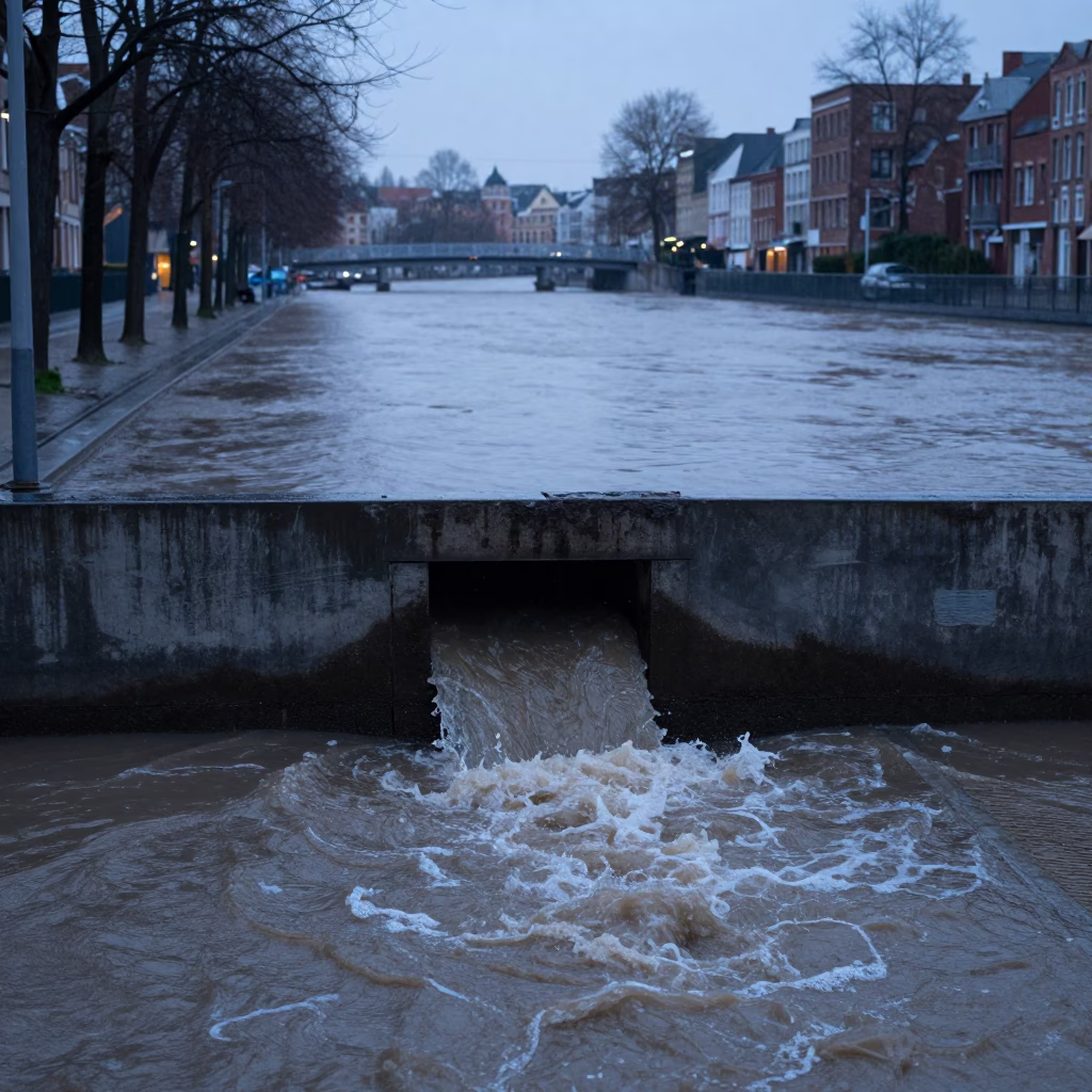 Nautical Dawn in Brussels Belgium Storm Drain Outflow Swollen River in in Brussels, Belgium