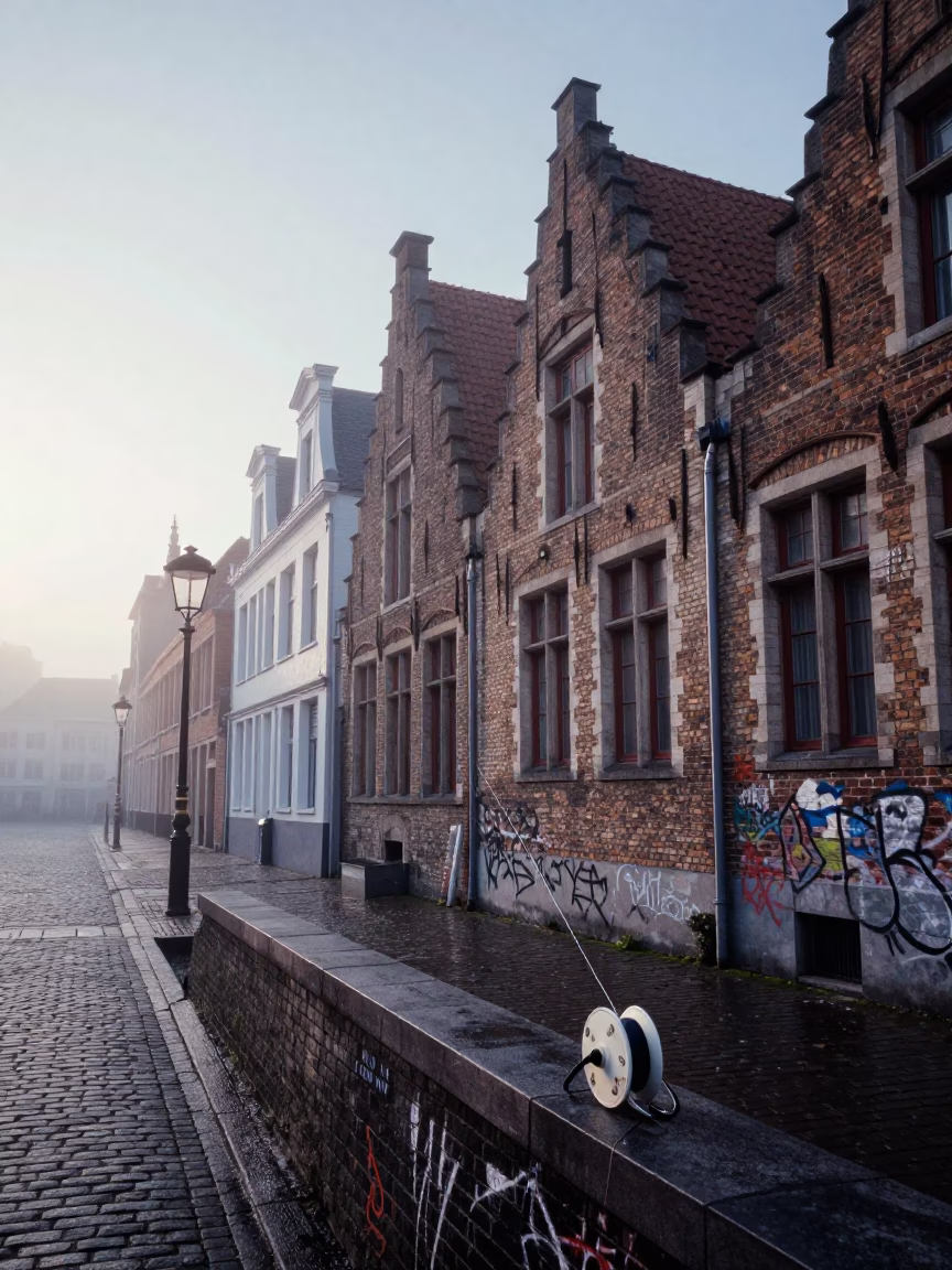 Nautical Dawn in Brussels Belgium Street Scene with Kite Reel and Graffiti in in Brussels, Belgium