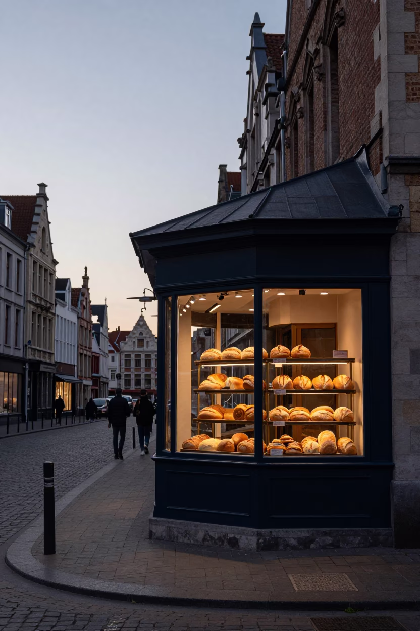 Nautical Dawn in Brussels Belgium Street Scene with Local Bakery Display in in Brussels, Belgium