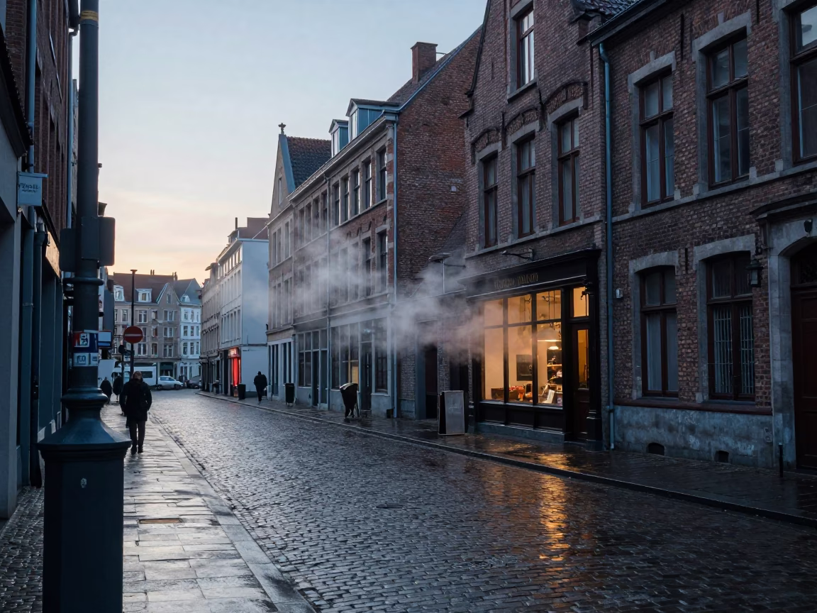 Nautical Dawn in Brussels Belgium Street Scene with Steam and Daily Life in in Brussels, Belgium