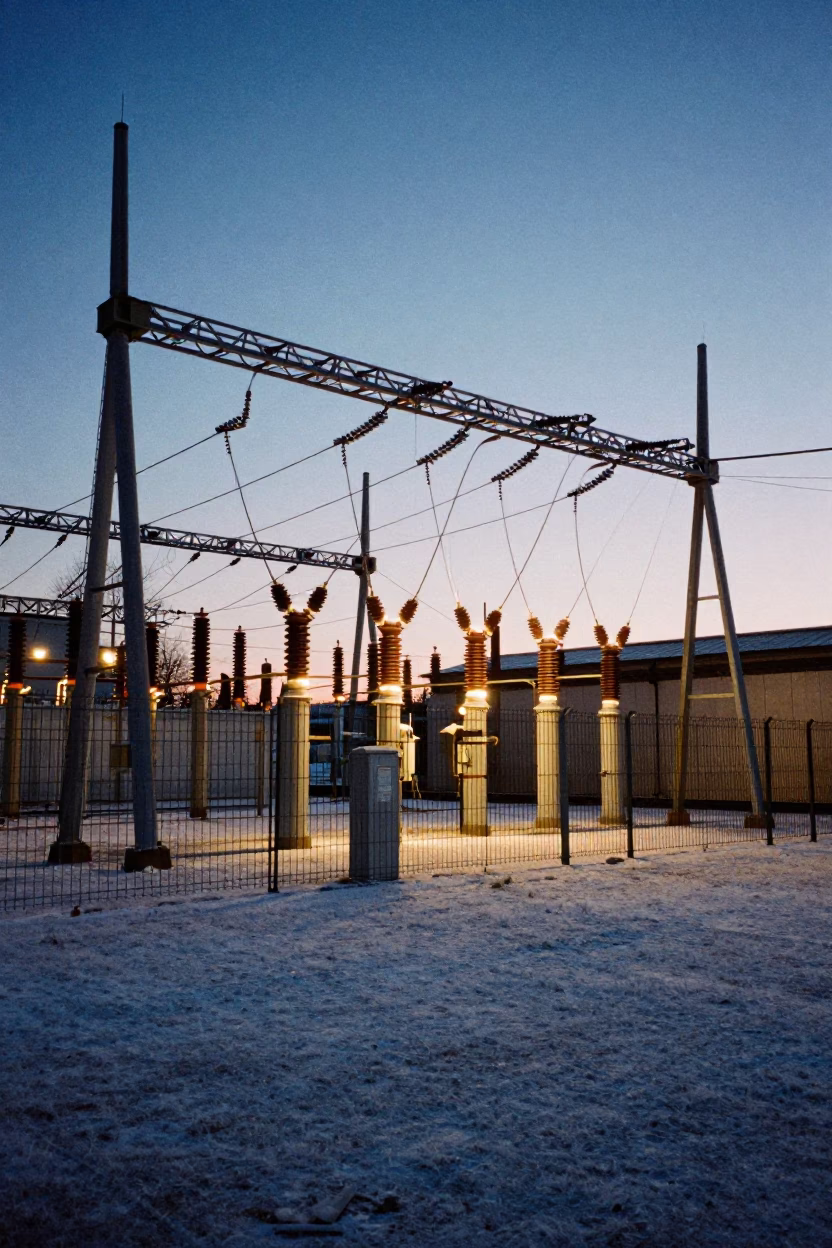 Nautical Dawn in Brussels Belgium Substation Busbars Glowing Faintly Under Ice Blue Twilight in in Brussels, Belgium