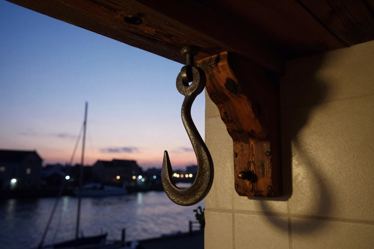 Nautical Dawn in Brussels Belgium with Iron Hook and Wood Grain in in Brussels, Belgium