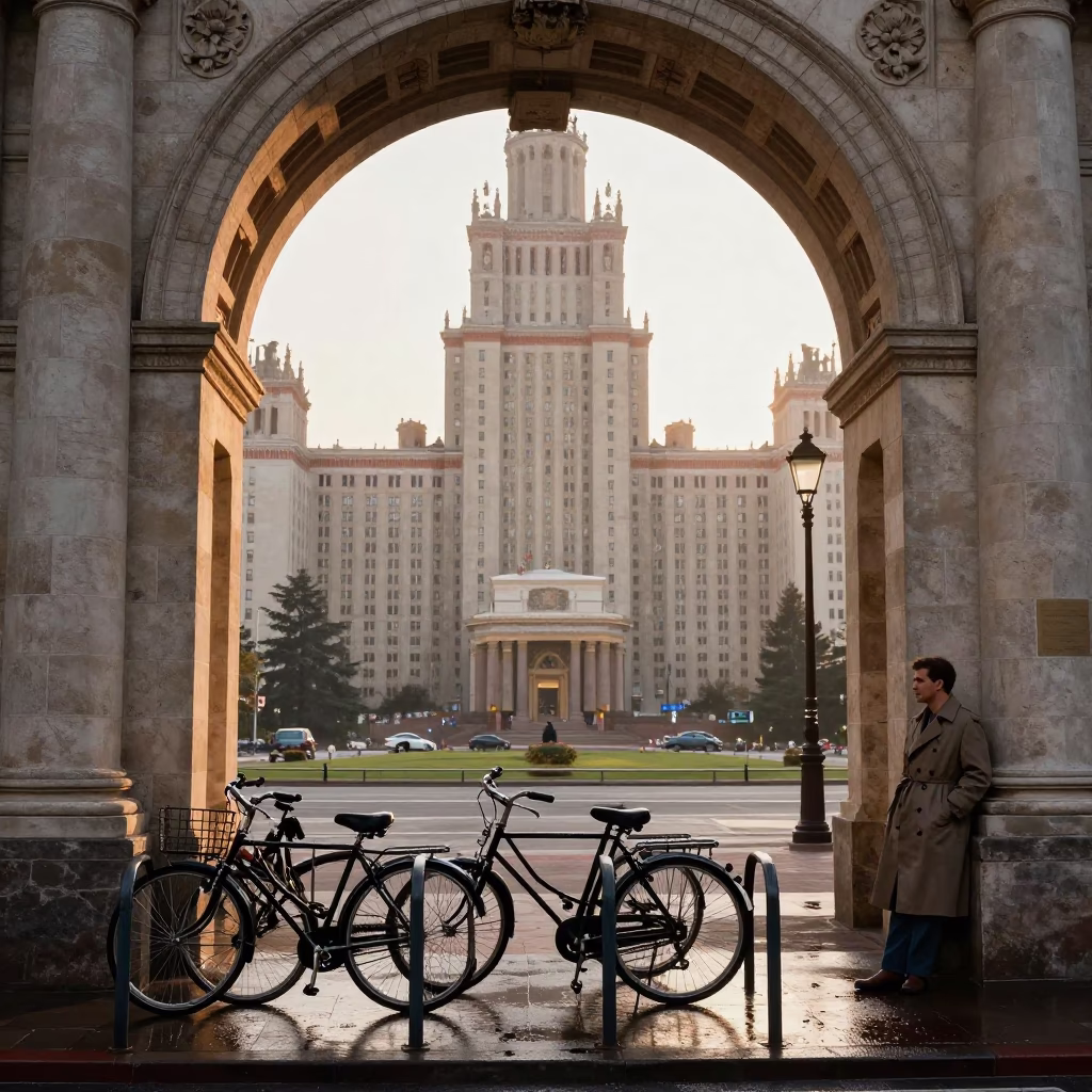 Nautical Dawn in Budapest Hungary University Archway Wet Bicycle Rack and Vintage Life in in Budapest, Hungary