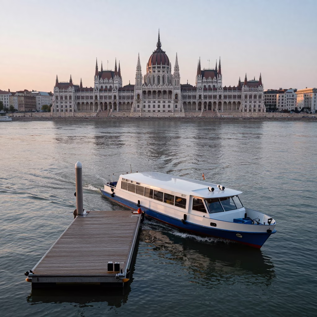 Nautical Dawn in Budapest Hungary with Water Taxi at Floating Dock in in Budapest, Hungary