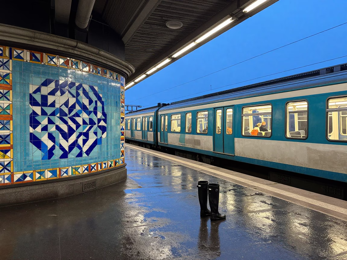 Nautical Dawn in Budapest Metro Art Station with Rain Boots and Wrench in in Budapest, Hungary