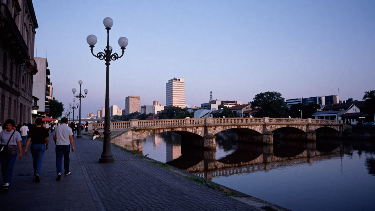 Nautical Dawn in Buenos Aires Street Scene with Candlestick and Bridge Pier in in Buenos Aires, Argentina