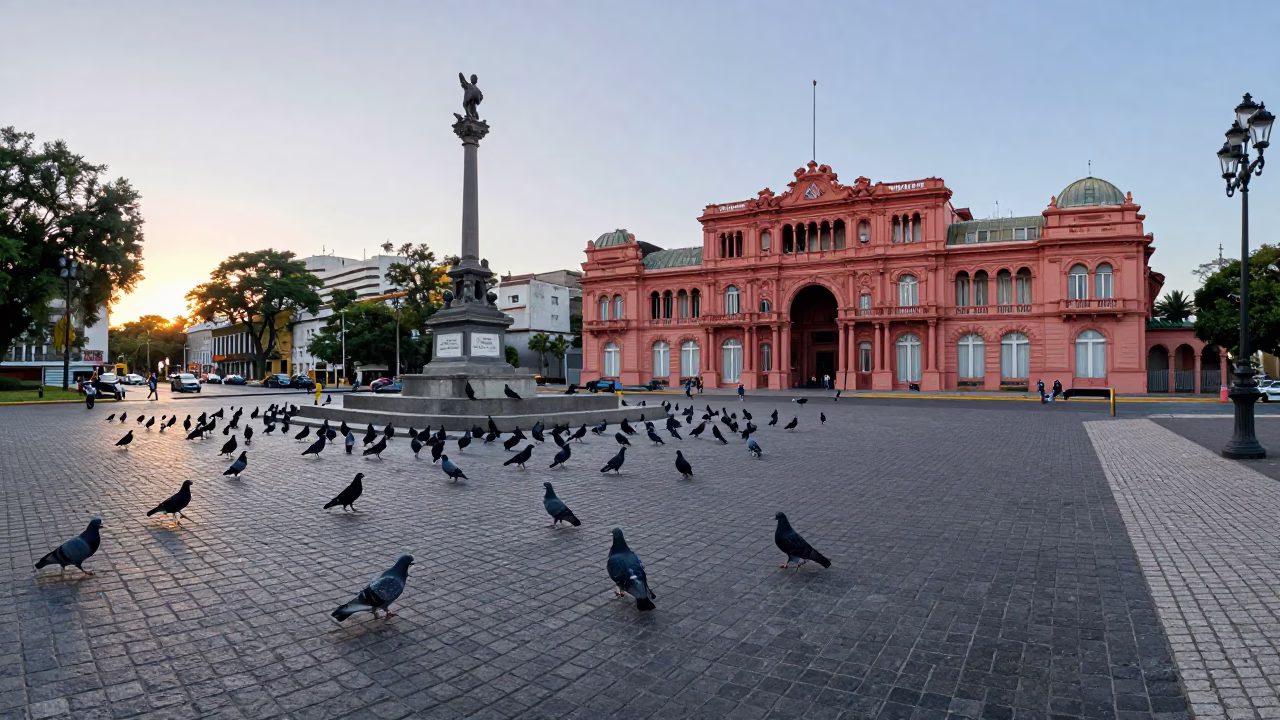 Nautical Dawn in Buenos Aires with Pigeons on Historic Plaza in in Buenos Aires, Argentina