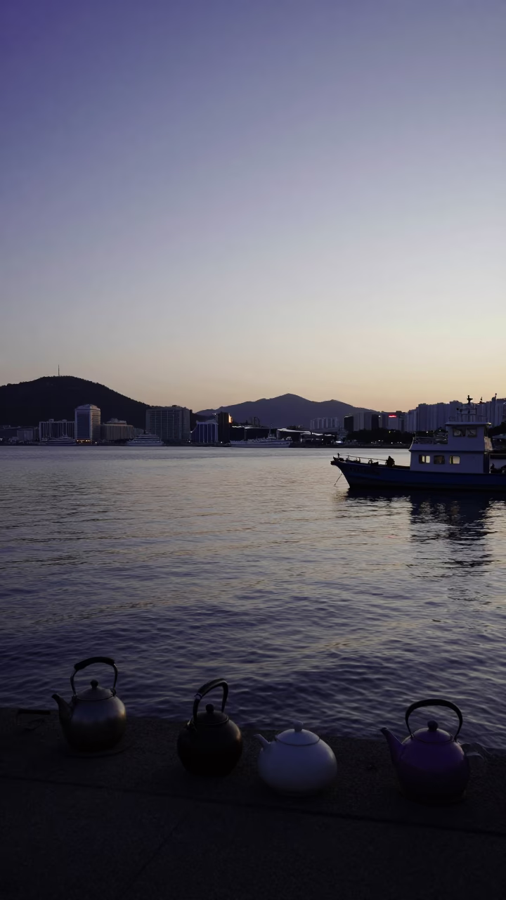 Nautical Dawn in Busan South Korea Harbor Scene with Tea Kettles and Local Life in in Busan, South Korea